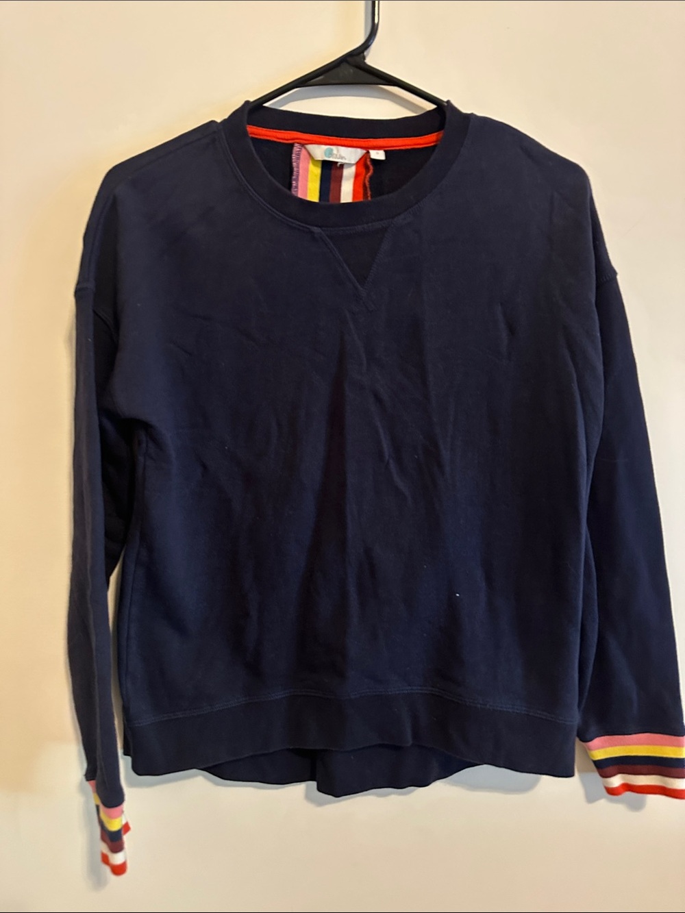 Boden Navy Crewneck Sweatshirt with Multicolor Stripe Trim